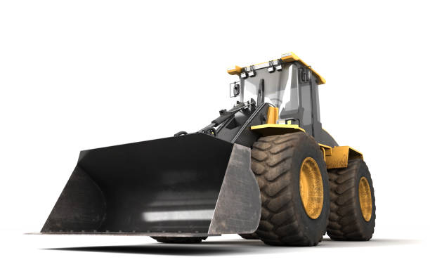 istock Powerfull concept. Massive yellow hydraulic earth mover isolated on white. Right to left direction. 3D illustration. Wide angle. Front view 1059083266
