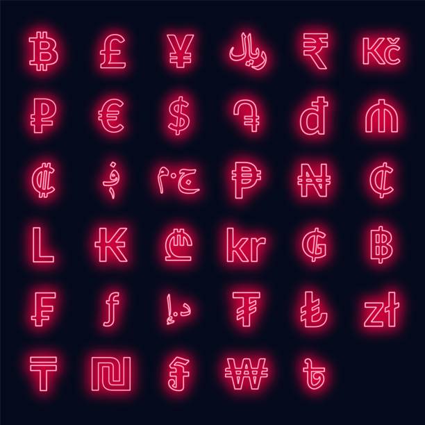 istock Neon currency signs. dollar, euro, pound sterling,yen, yuan, bitcoin, etherium, ruble and others. 1059088756