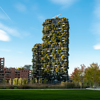 Milan, Italy - October 24, 2018: The 'Bosco Verticale”are a towers residential buildings designed by Boeri Studio (Stefano Boeri, Gianandrea Barreca and Giovanni La Varra) located in the Centre of Milan city.