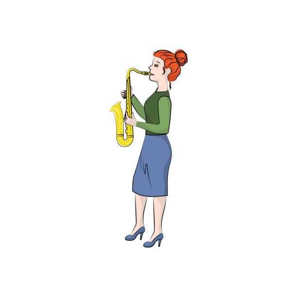 istock Girl (woman) plays the saxophone. Vector color illustration. 1059091640