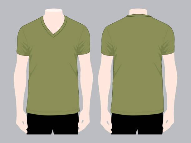 Blank V-Neck Shirt for Template Army Color olive green shirt stock illustrations