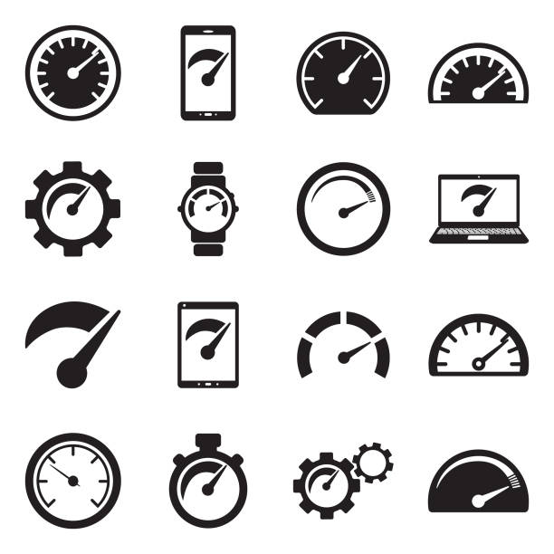 иконки спидометра. черный плоский дизайн. векторная иллюстрация. - gear symbol computer icon speedometer stock illustrations