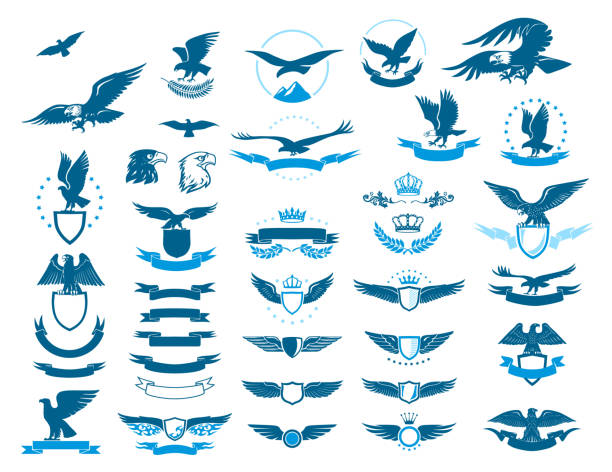 An Illustrated Blue Medieval Eagle Set on a White Background Eagles Silhouettes and Emblems with Shields, Banners and Ornates eagle bird stock illustrations