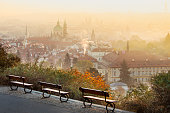 st Nicholas cathedral, Petrin hill at sunrise, Lesser Town (UNESCO), Prague, Czech republic