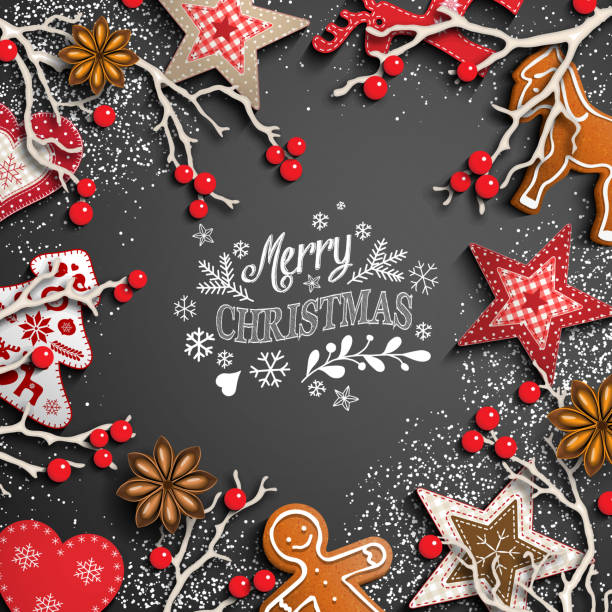 weihnachten hintergrund mit weißer schrift und dekorationen - plätzchen backen stock-grafiken, -clipart, -cartoons und -symbole