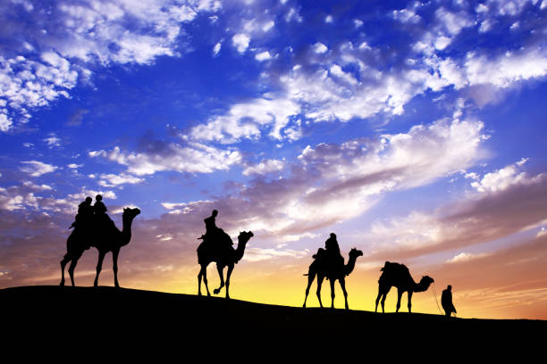 istock caravan Walking with camel through Thar Desert in India, Show silhouette and dramatic sky 1059099456