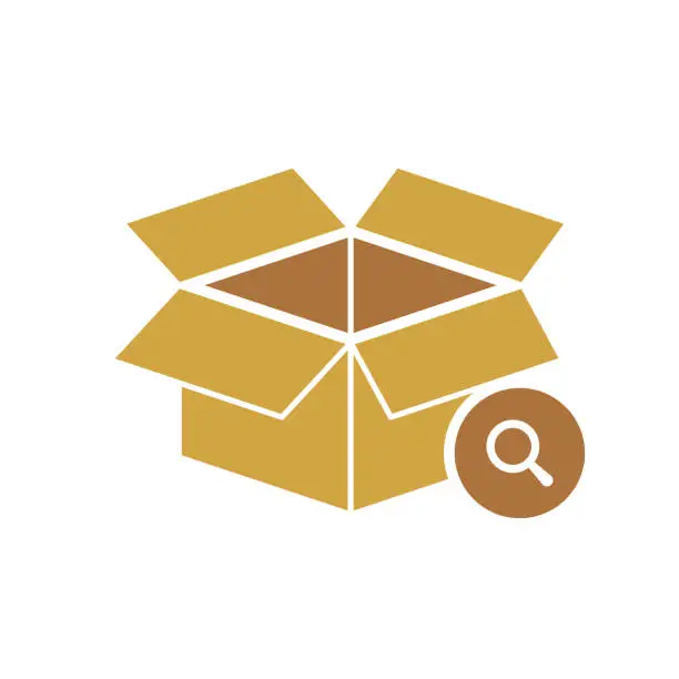 Vector illustration of Box icon, delivery and shipping, open package, unbox icon with research sign. Box icon and explore, find, inspect symbol