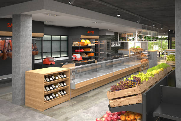 istock 3D rendering of the interior of a grocery store. 1059100558