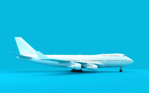 3D illustration of airplane boeing 747 stands still isolated on blue background. Ready to take-off. Right side view