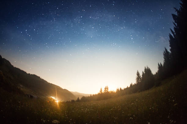 istock The Milky Way rises over the pine trees and mountain 1059104296