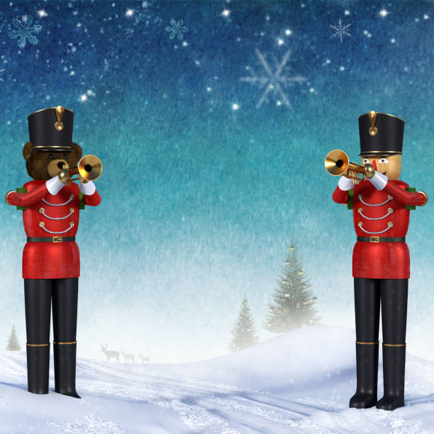 Fun 3D illustration of two toy soldiers in red uniform playing trumpets.Teddybear soldier and wooden soldier standing in snow announcing christmas against colourful winter background. Blue sky with stars and snowflakes with copy space.