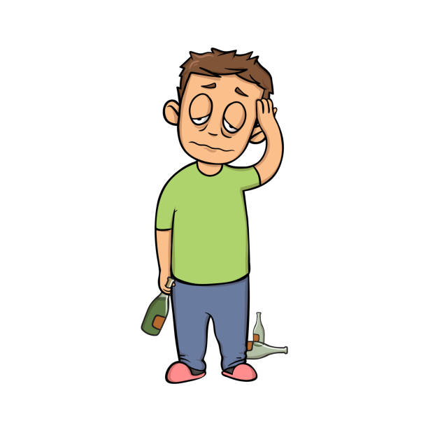 illustrazioni stock, clip art, cartoni animati e icone di tendenza di tipo sbornia mattutino. giovane con mal di testa e una bottiglia. icona di design piatto. illustrazione vettoriale piatta. isolato su sfondo bianco. - hangover alcohol headache student