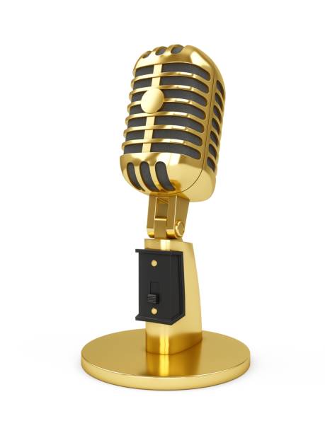 istock 3D Rendering golden vintage studio microphone isolated on white background 1059107336
