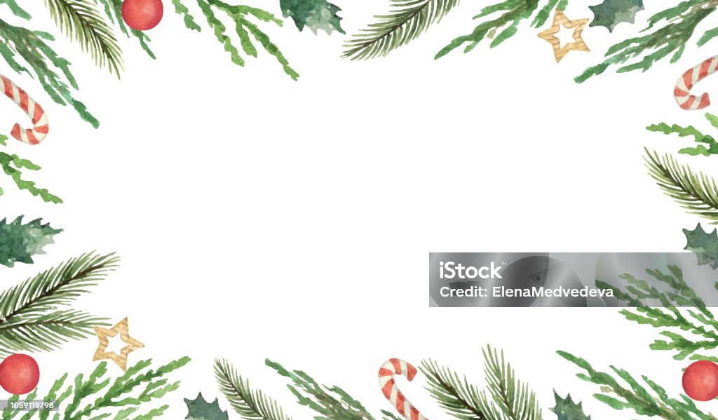 Watercolor vector Christmas frame with fir branches and place for text. Watercolor vector Christmas frame with fir branches and place for text. Illustration for greeting cards and invitations isolated on white background. Art stock vector