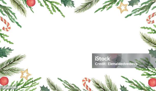 Watercolor Vector Christmas Frame With Fir Branches And Place For Text Stock Illustration - Download Image Now