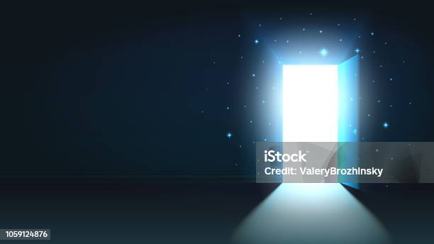 Light From The Open Door Of A Dark Room Abstract Mystical Shining Exit Background Open Door Template Mock Up Stock Illustration - Download Image Now