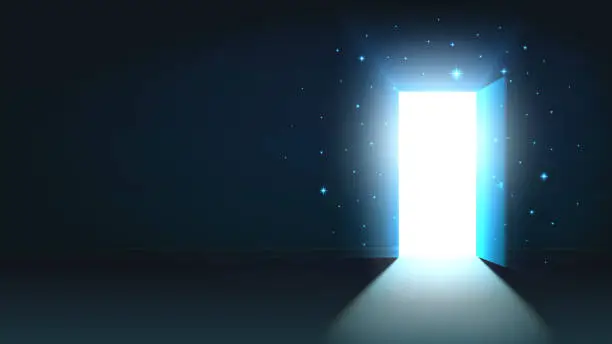 Vector illustration of Light from the open door of a dark room, abstract mystical shining exit, background, open door template, mock up