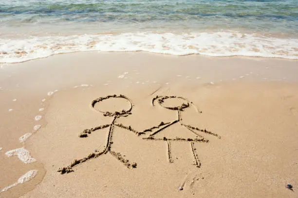 Photo of Two Stick Figures Holding Hands Drawn In Sand With Splashing Waves On Hot Summer Day