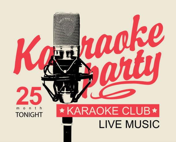 Vector music poster or banner for karaoke club with calligraphic inscription Karaoke party and realistic microphone on a light background in retro style
