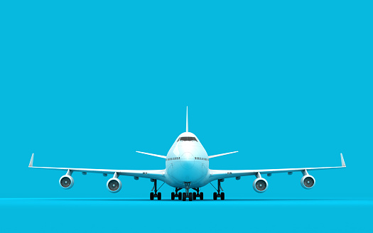 Ilustración 3D de un avión boeing 747 se encuentra todavía aislado sobre fondo azul. Listo para el despegue. Vista frontal. photo