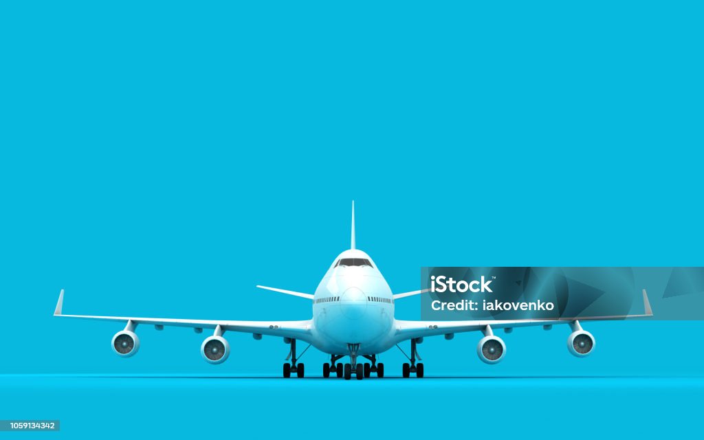 3D illustration of airplane boeing 747 stands still isolated on blue background. Ready to take-off. Front view. Airplane Stock Photo