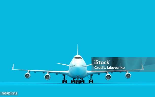 3d Illustration Of Airplane Boeing 747 Stands Still Isolated On Blue Background Ready To Takeoff Front View Stock Photo - Download Image Now