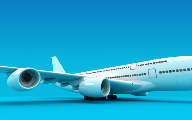istock Airplane Airbus A380 ready to take-off isolated on blue background. Right side view. 3D illustration. 1059137808