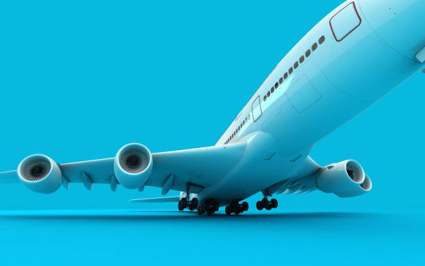 istock White airplane Airbus A380 takes off. Isolated on blue background. Close-up. Front view. Bottom view. Perspective. 3D illustration. 1059137986