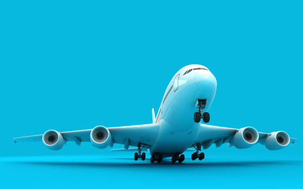 istock White airplane Airbus A380 takes off. Isolated on blue background. Close-up. Front view. Bottom view. Perspective. 3D illustration. 1059138146