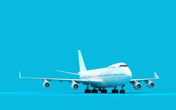3D illustration of airplane boeing 747 stands still isolated on blue background. Ready to take-off. Front view. Perspective.