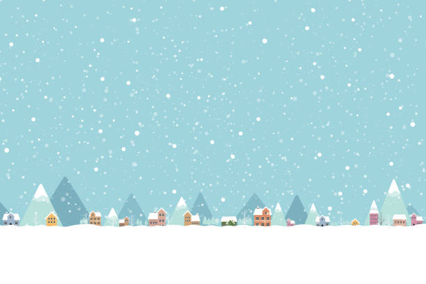 die stadt auf dem schnee fallen flach farbe 001 - weihnachten illustration stock-grafiken, -clipart, -cartoons und -symbole