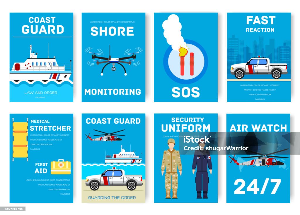 coast guard day cards set. Guarding the order of flyer, magazines, posters, book cover, banners. Devices infographic concept background. Layout illustrations template pages with typography text coast guard day cards set. Guarding the order of flyer, magazines, posters, book cover, banners. Devices infographic concept background. Layout illustrations template pages with typography text. Coast Guard stock vector