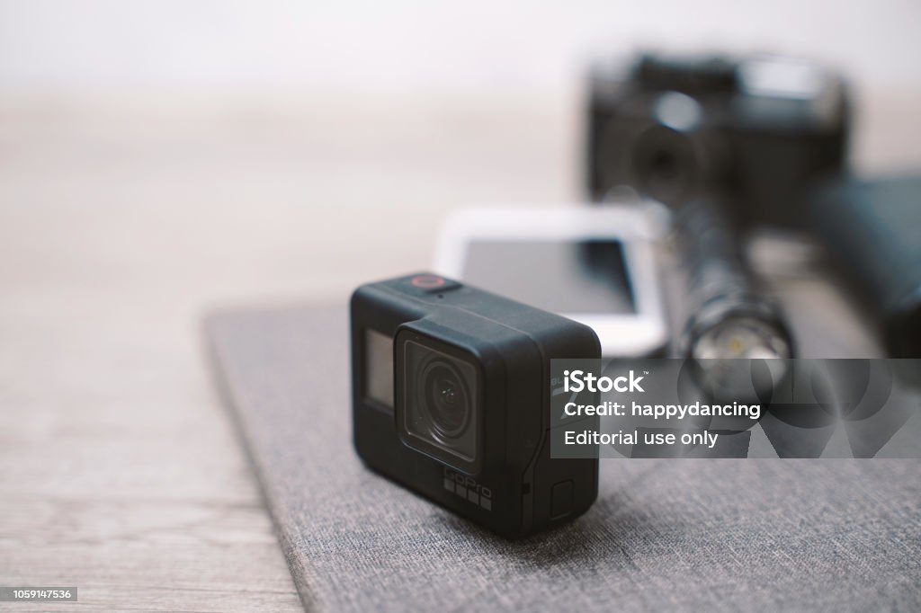 Bangkok Thailand October 2018 New Gopro Hero 7 Black Action Camera With Travel Set On Wooden Background With Copy Space For Stock - Download Image Now - iStock