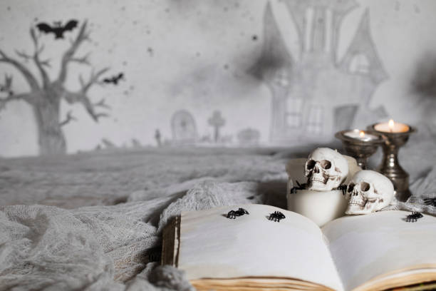 Opened book of bewitchment with free space for a text. Opened book of bewitchment with free space for a text. Bewitchment symbols - skulls, herbs, candles, spiders. Haunted castle in the background bewitchment stock pictures, royalty-free photos & images