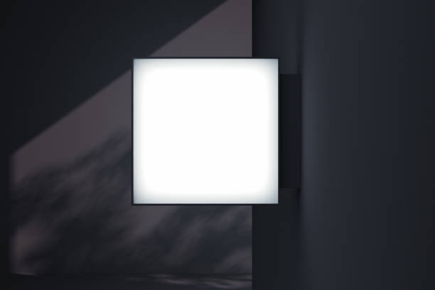 istock Blank square store signboard. Empty shop lightbox on the wall. 3d rendering. 1059147852