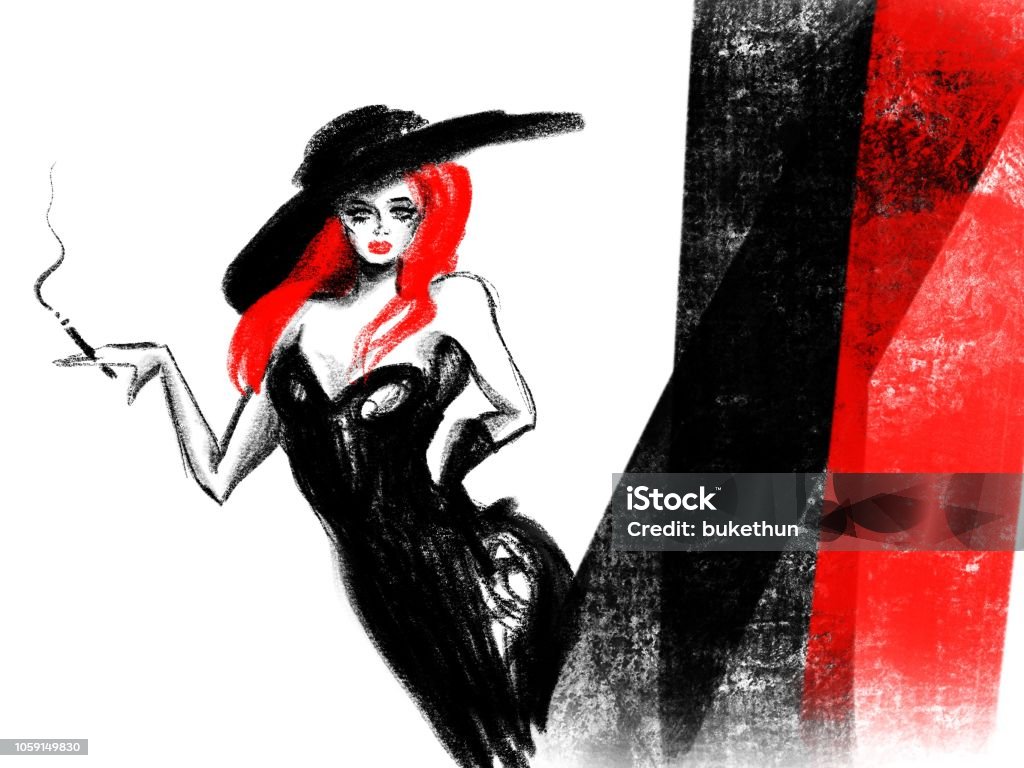 Hand drawn woman figure with hat, cigarette and red hair Pencil drawing fashion illustration Adult stock illustration