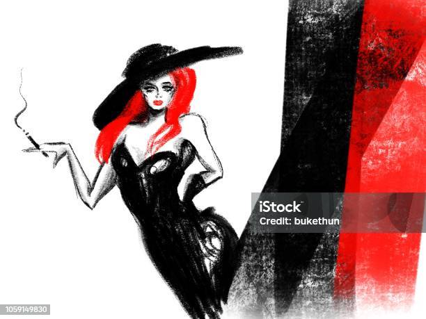 Hand Drawn Woman Figure With Hat Cigarette And Red Hair Stock Illustration - Download Image Now