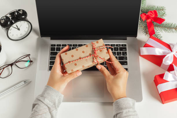 istock Flat lay Christmas decoration Office workplace 1059150476