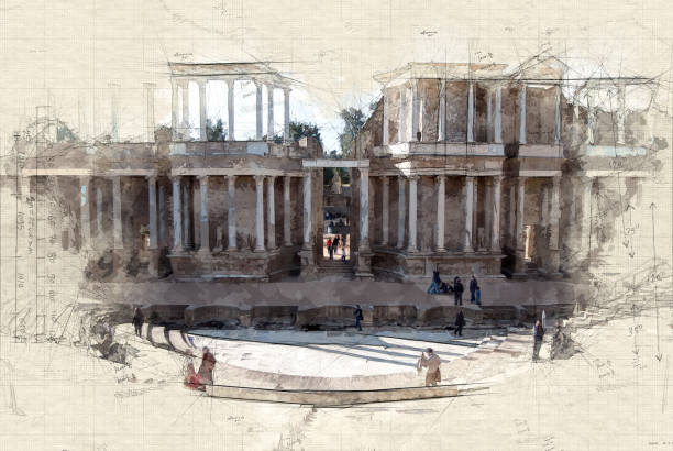 Roman theater Illustration of Roman theater ruins in Merida, Spain amphitheater stock illustrations