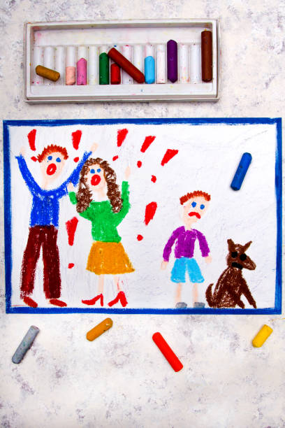 istock Colorful drawing: quarreling parents and their sad son 1059153352