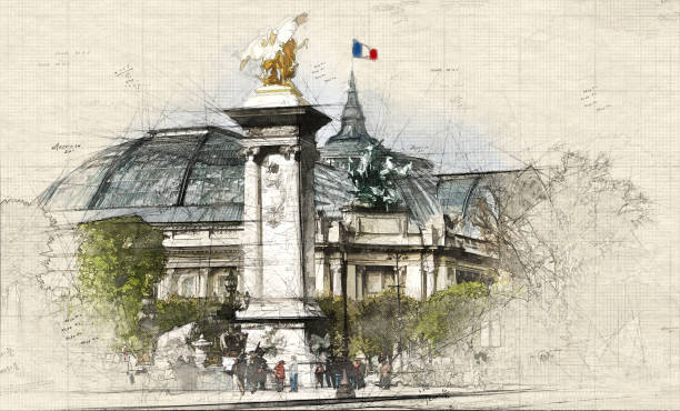 Parisian Grand Palais Illustration of Grand Palais in Paris, France pont alexandre iii stock illustrations