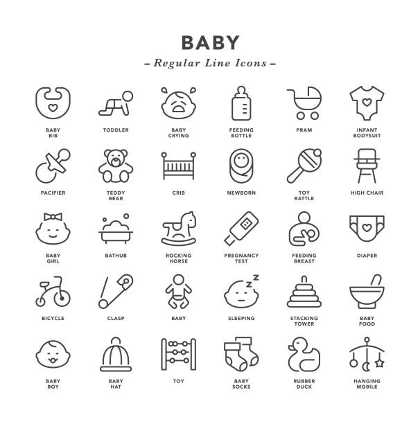 ilustraciones, imágenes clip art, dibujos animados e iconos de stock de bebé - los iconos de línea regular - baby icons