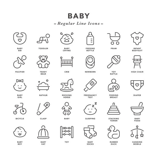 illustrazioni stock, clip art, cartoni animati e icone di tendenza di baby - icone di linea regolari - baby clothing its a girl newborn baby goods