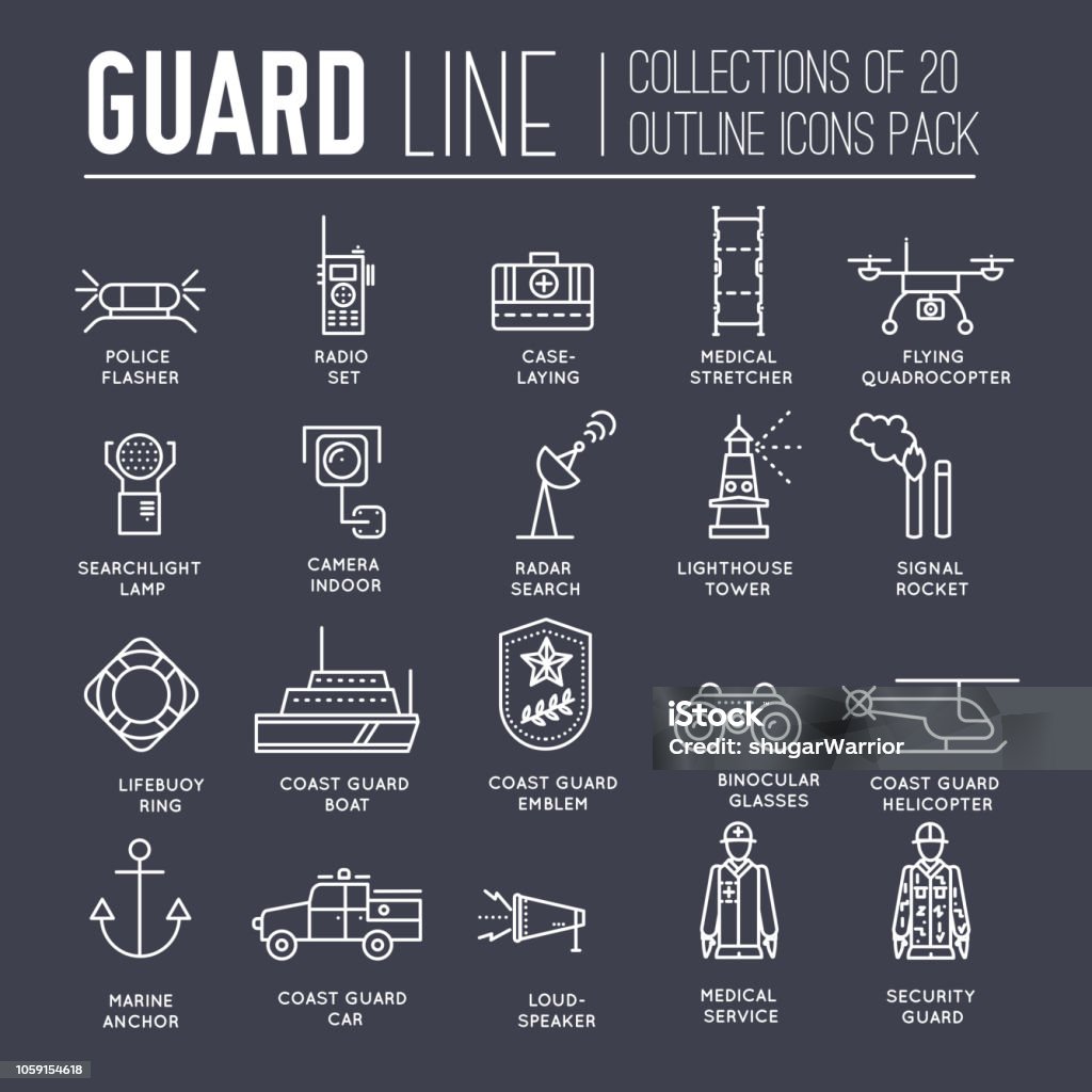 coast guard day illustration vector outline icon set. Guarding the order elements concept coast guard day illustration vector outline icon set. Guarding the order elements concept . Police Force stock vector