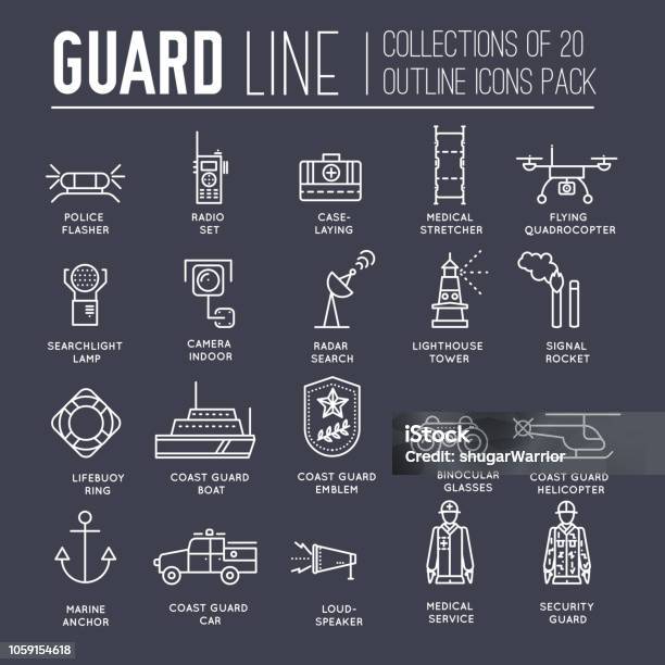 Coast Guard Day Illustration Vector Outline Icon Set Guarding The Order Elements Concept Stock Illustration - Download Image Now