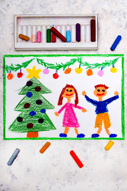 istock Colorful drawing: A Christmas time, a smiling couple and a beautiful Christmas tree 1059156048