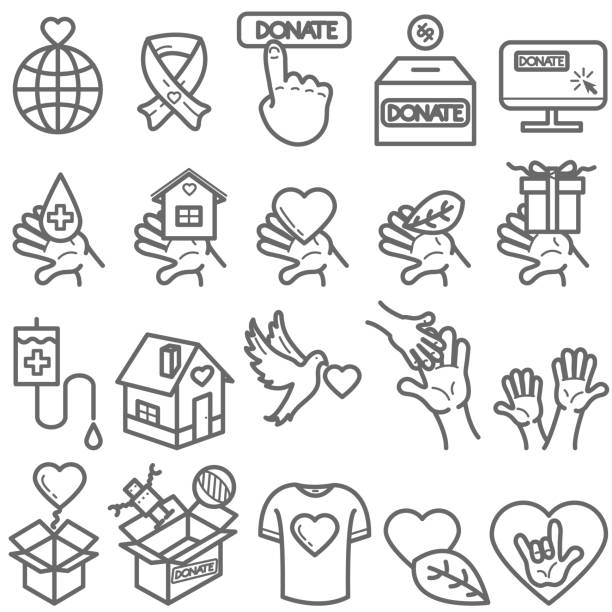 illustrazioni stock, clip art, cartoni animati e icone di tendenza di set di icone di beneficenza e donare linee prominenti - gift charity and relief work giving human hand