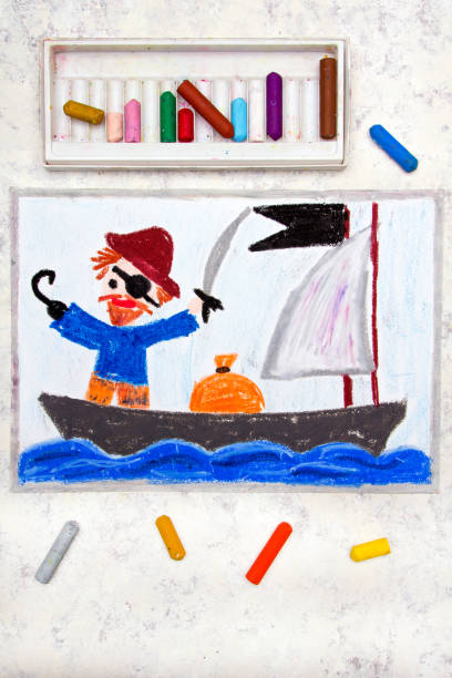 istock Colorful drawing: Old Pirate with a patch over his eye, hook and cap stands on the pirate ship 1059161918