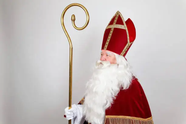 Saint Nicholas with his mitre and staff on white