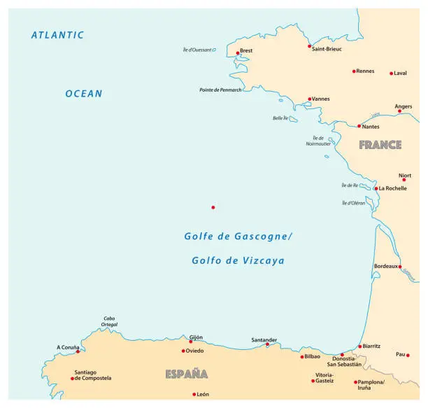 Vector illustration of bay of biscaya map, france, spain.